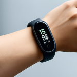 ** A simple, affordable fitness tracker (like Xiaomi Mi Band 7) on a wrist, displaying basic step count. The background is a neutral, slightly blurred environment. Prompt: "Budget-friendly fitness tracker on wrist showing step count."

**