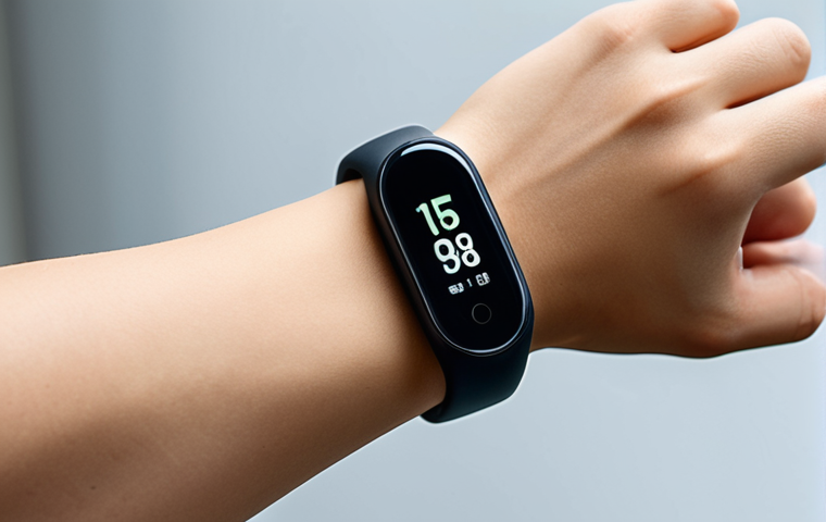 ** A simple, affordable fitness tracker (like Xiaomi Mi Band 7) on a wrist, displaying basic step count. The background is a neutral, slightly blurred environment. Prompt: "Budget-friendly fitness tracker on wrist showing step count."
**