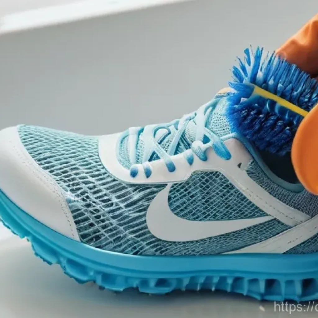 러닝화 소재별 세탁법 - **Prompt 1: Gentle Hand-Cleaning of a Mesh Running Shoe** A close-up, high-definition photograph...