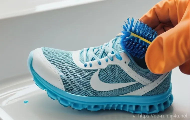 러닝화 소재별 세탁법 - **Prompt 1: Gentle Hand-Cleaning of a Mesh Running Shoe** A close-up, high-definition photograph...
