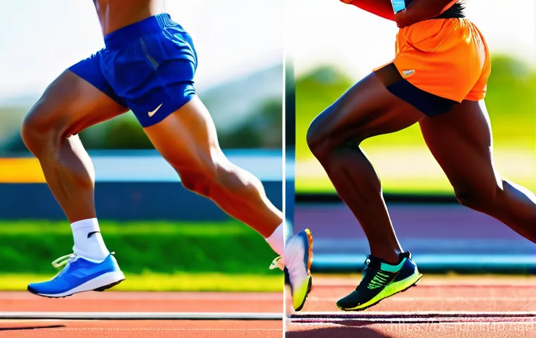 러닝 중 발걸음 유형 진단법 - **Dynamic Comparison of Running Foot Strikes:** A vibrant, realistic image capturing three diffe...