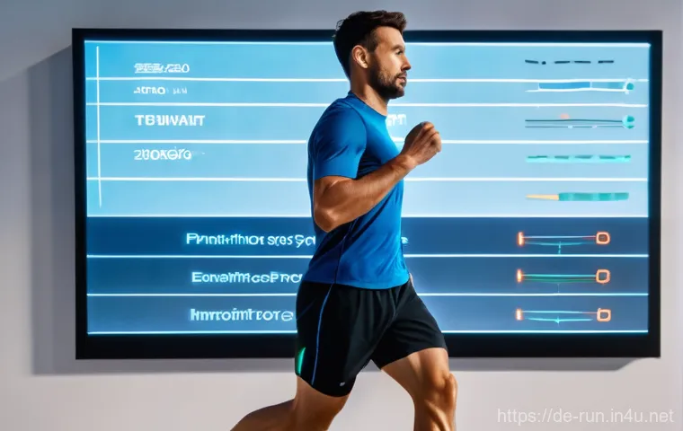 러닝 중 발걸음 유형 진단법 - **Close-up on Efficient Midfoot Strike with Biomechanical Overlay:** A detailed, dynamic close-u...