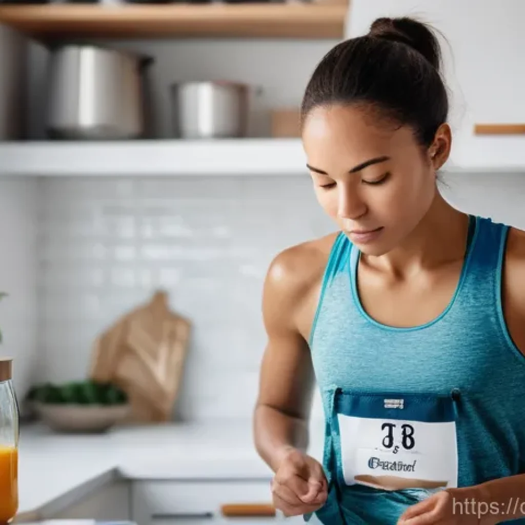 러닝 대회 참가 꿀팁 - **Prompt:** A female runner, aged 28, is in a brightly lit, modern kitchen, dressed in comfortable, ...