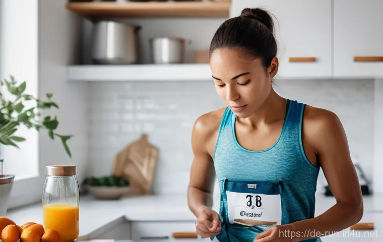 러닝 대회 참가 꿀팁 - **Prompt:** A female runner, aged 28, is in a brightly lit, modern kitchen, dressed in comfortable, ...