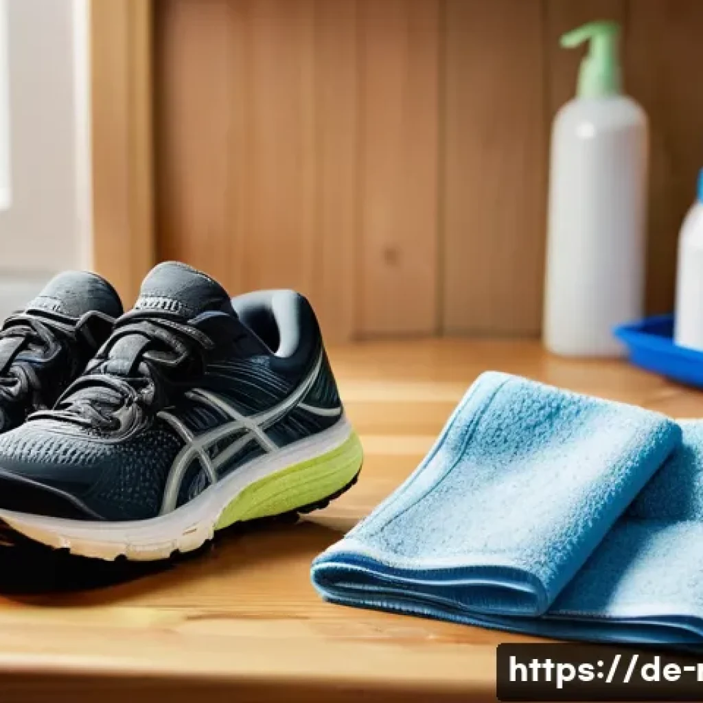 러닝화 클리닝 방법 - **Prompt:** A neatly organized close-up of essential running shoe cleaning tools laid out on a clean...