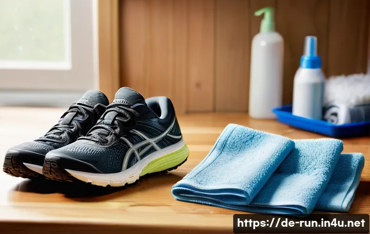 러닝화 클리닝 방법 - **Prompt:** A neatly organized close-up of essential running shoe cleaning tools laid out on a clean...