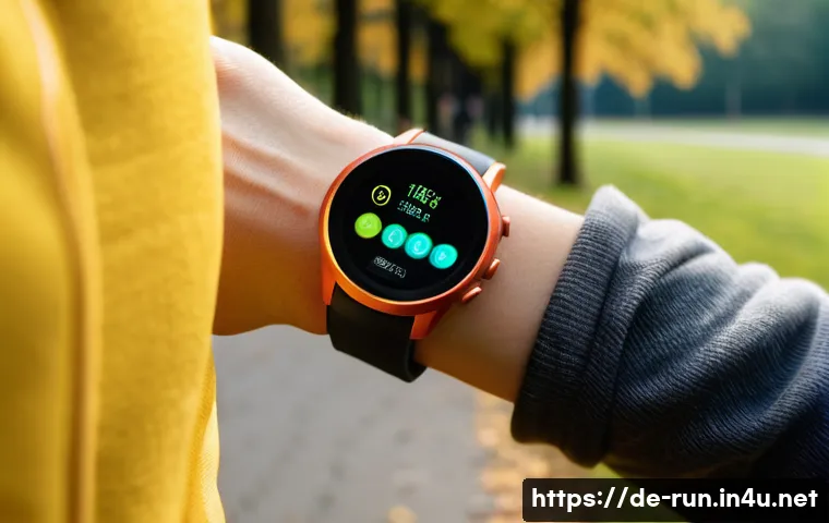 러닝 워치 심박수 측정 정확도 비교 - A close-up shot of a modern sports smartwatch worn on the wrist of a young adult runner during an ea...