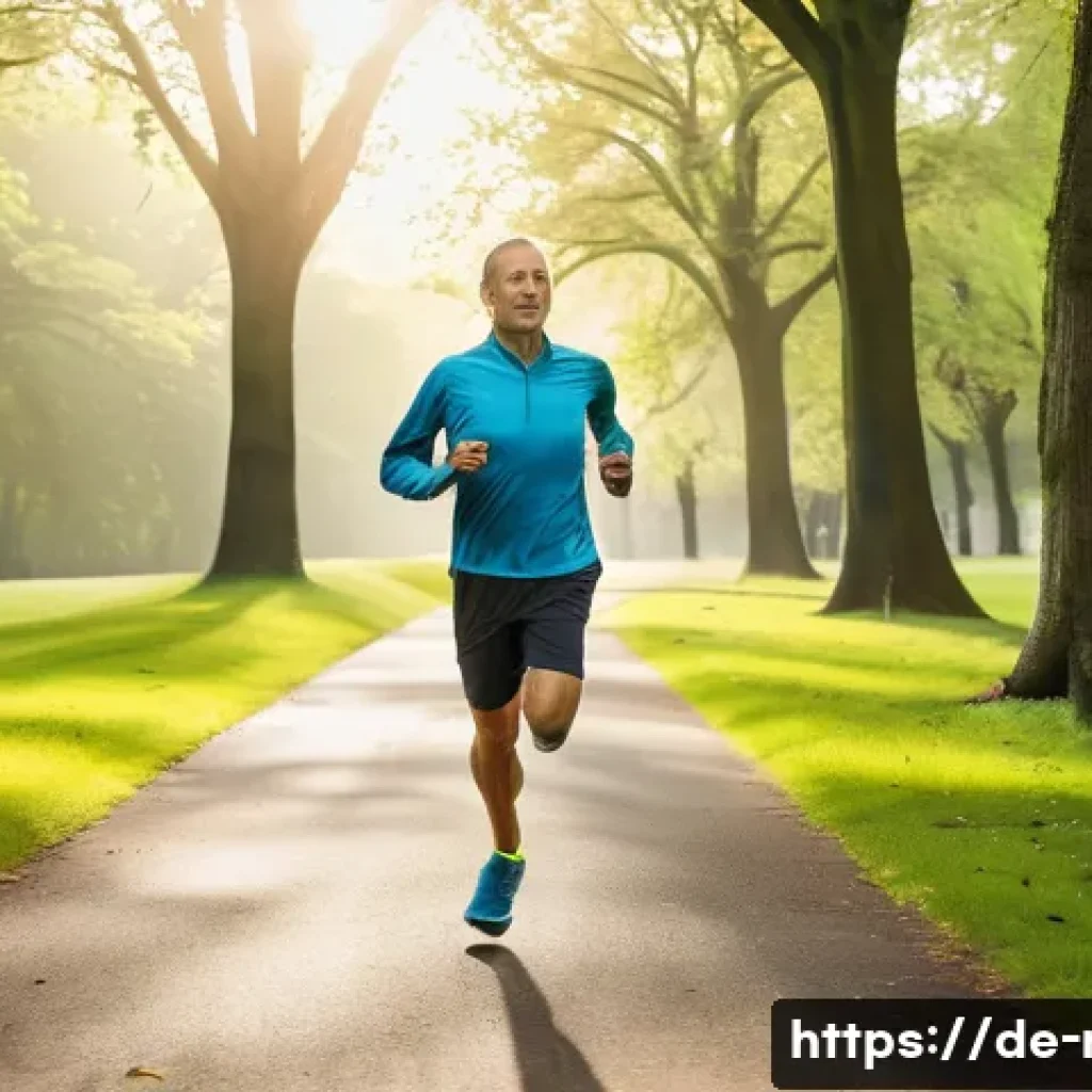 러닝 시 걸음 교정법 - A dynamic, detailed scene of a middle-aged European runner practicing midfoot strike running techniq...