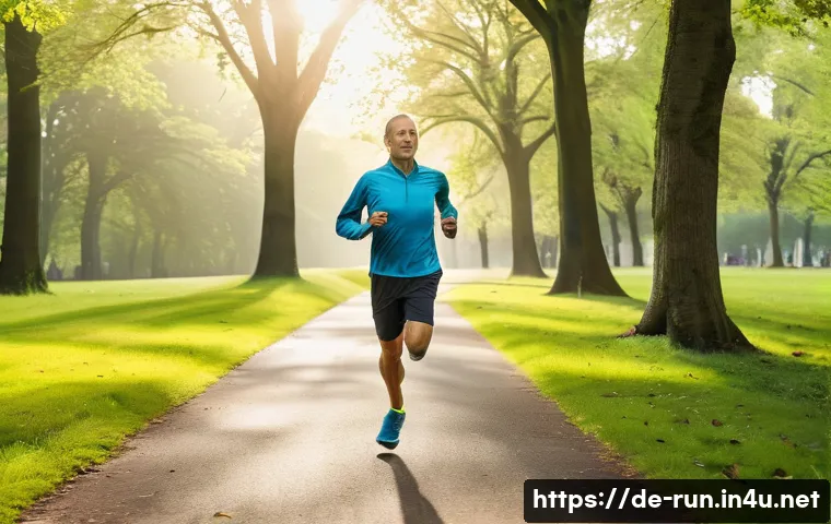 러닝 시 걸음 교정법 - A dynamic, detailed scene of a middle-aged European runner practicing midfoot strike running techniq...