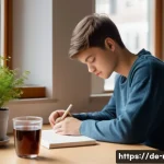 러닝 스트레스 해소 효과 - A serene study room scene in Germany, featuring a young adult student sitting at a wooden desk by a ...