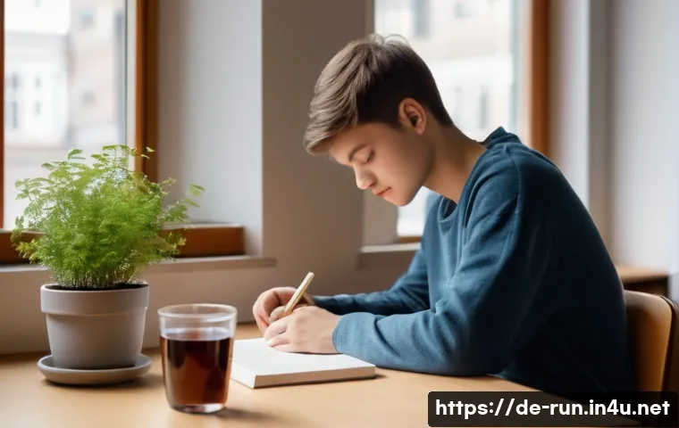 러닝 스트레스 해소 효과 - A serene study room scene in Germany, featuring a young adult student sitting at a wooden desk by a ...
