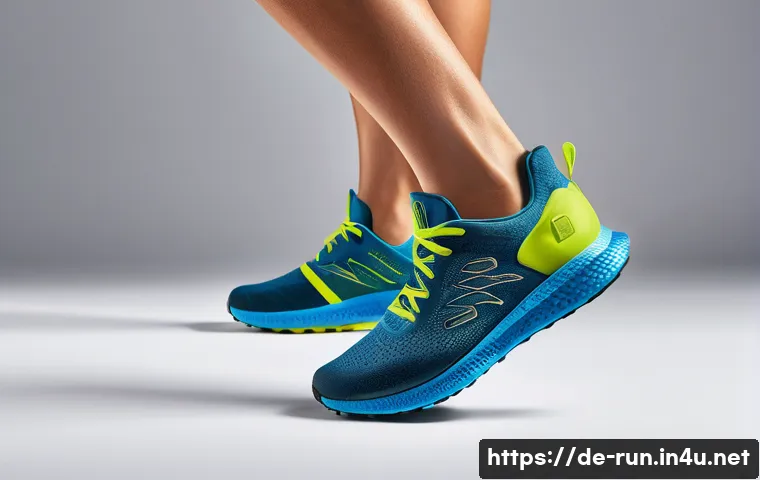 러닝화 최신 트렌드 - A close-up, hyper-realistic image of a modern running shoe showcasing multi-layered midsoles made fr...