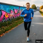 러닝 코스 해외 추천 장소 - A scenic urban running route along Berlin&rsquo;s East Side Gallery during early autumn, featuring a young...