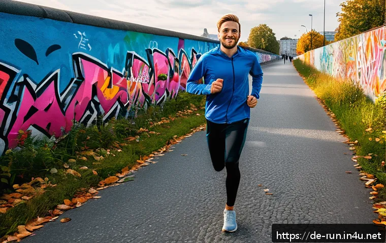 러닝 코스 해외 추천 장소 - A scenic urban running route along Berlin&rsquo;s East Side Gallery during early autumn, featuring a young...
