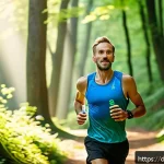 러닝 중 에너지 보충법 - A male runner in his 30s jogging through a scenic German forest trail during early morning light, we...