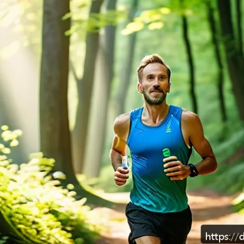 러닝 중 에너지 보충법 - A male runner in his 30s jogging through a scenic German forest trail during early morning light, we...