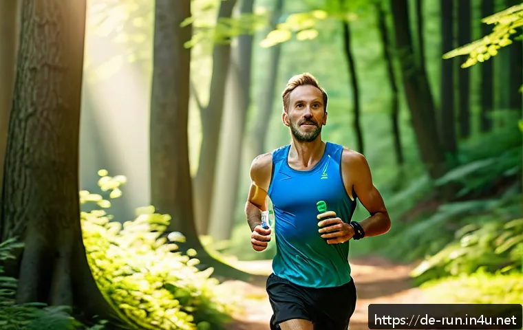 러닝 중 에너지 보충법 - A male runner in his 30s jogging through a scenic German forest trail during early morning light, we...