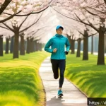 러닝 초보자 Q A 모음 - A young adult runner in a German urban park during springtime, wearing high-quality breathable runni...
