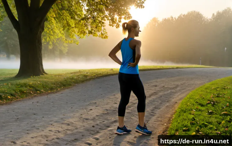 Home 17 러닝 중 발생하는 허리 통증 해결책 - Photorealistic early-morning scene in a quiet German city park, adult runner in modest athletic clot...