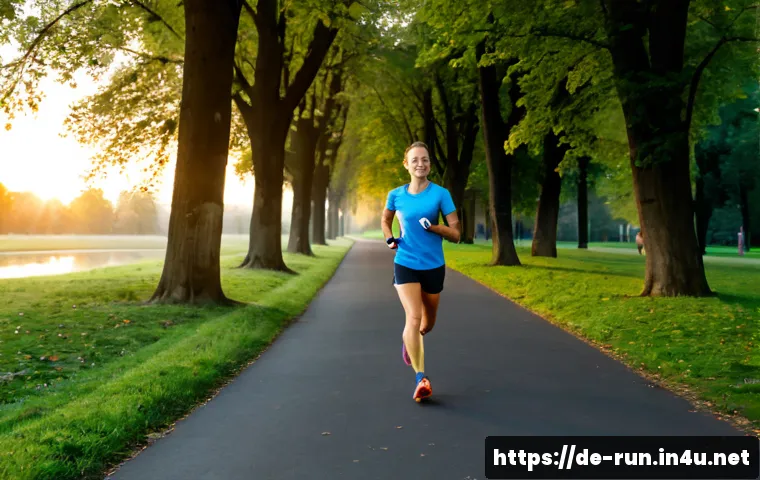 러닝 초보자를 위한 스마트워치 활용법 - Photorealistic early-morning running scene in a leafy German city park, a beginner adult runner in m...