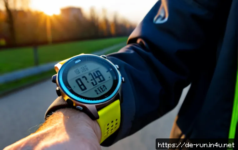 러닝 워치 피트니스 트래킹 기능 분석 - Photorealistic close-up of a modern unbranded running watch on the wrist of an adult runner wearing ...