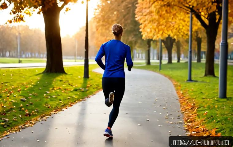 러닝용 압박스타킹 장점 - Photorealistic early-morning running scene in a quiet German city park, athletic adult runner in mod...
