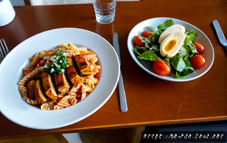 러닝 전날 식단 구성법 - Photorealistic overhead view of a balanced pre-run dinner on a clean wooden dining table in a cozy G...
